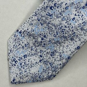 Barry Wang Tie Hand Made 100%‎ Silk Blue Necktie Ditsy Floral Silver Gray